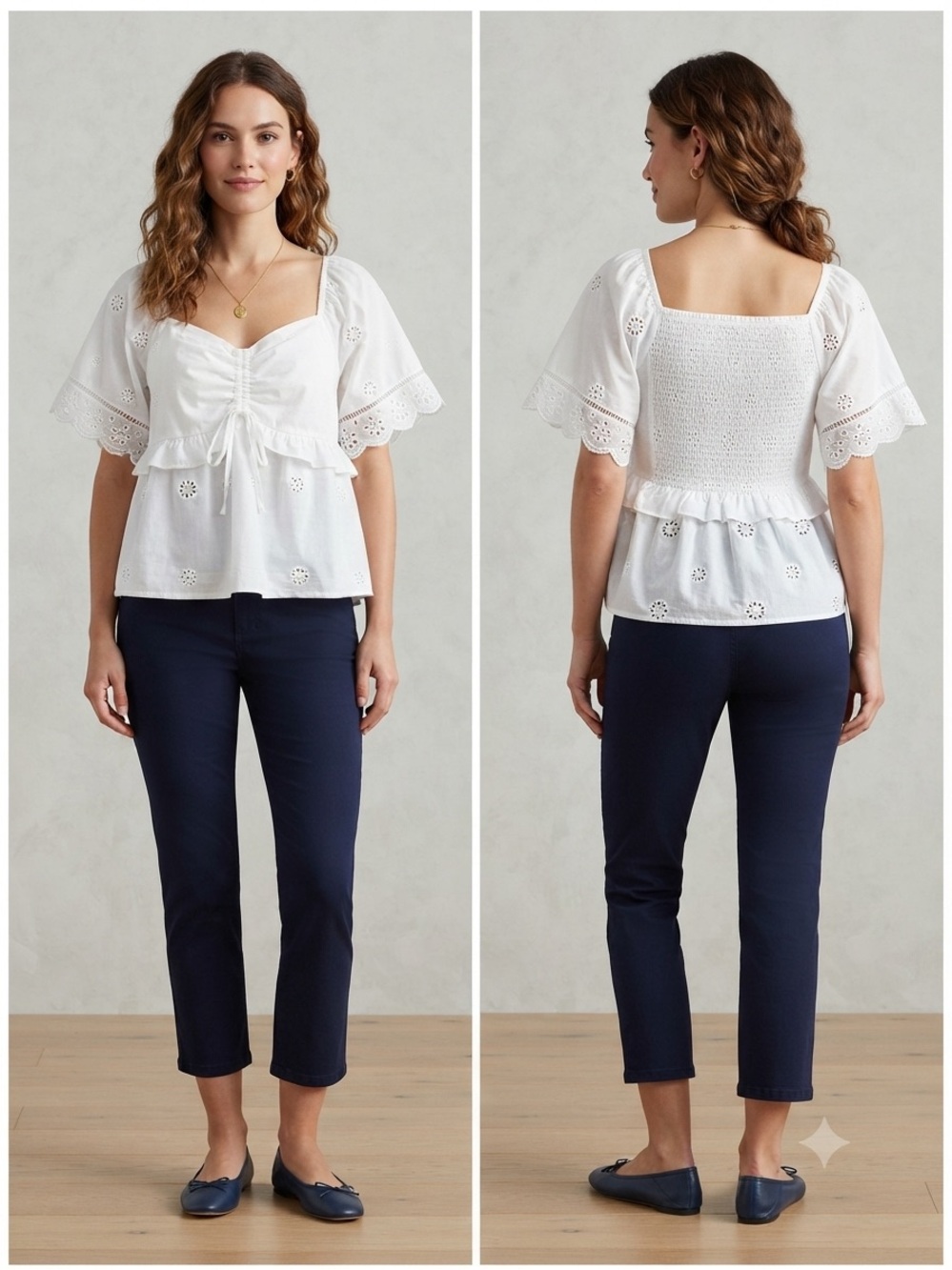 Celebrity Pink White Eyelet Ruffle Peplum Top